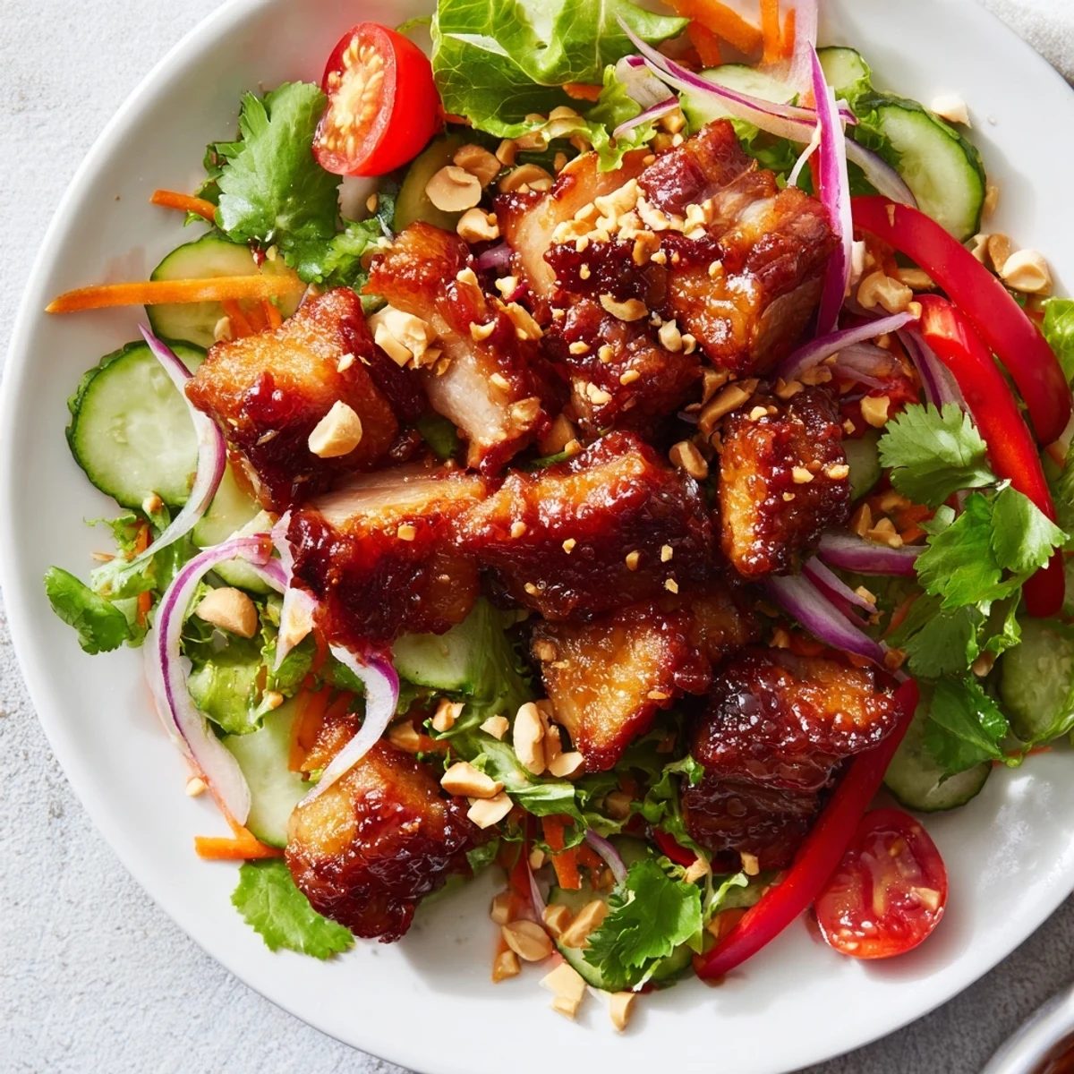 Crispy sweet and sour pork belly salad with glazed meat over fresh mixed greens and colorful vegetables