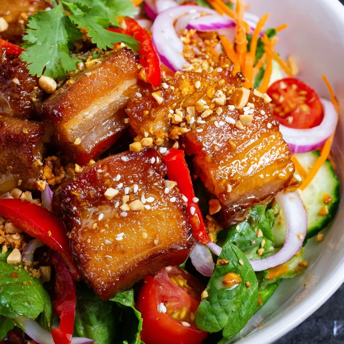 Asian fusion salad featuring crispy pork belly pieces tossed in tangy sweet and sour sauce with roasted peanuts