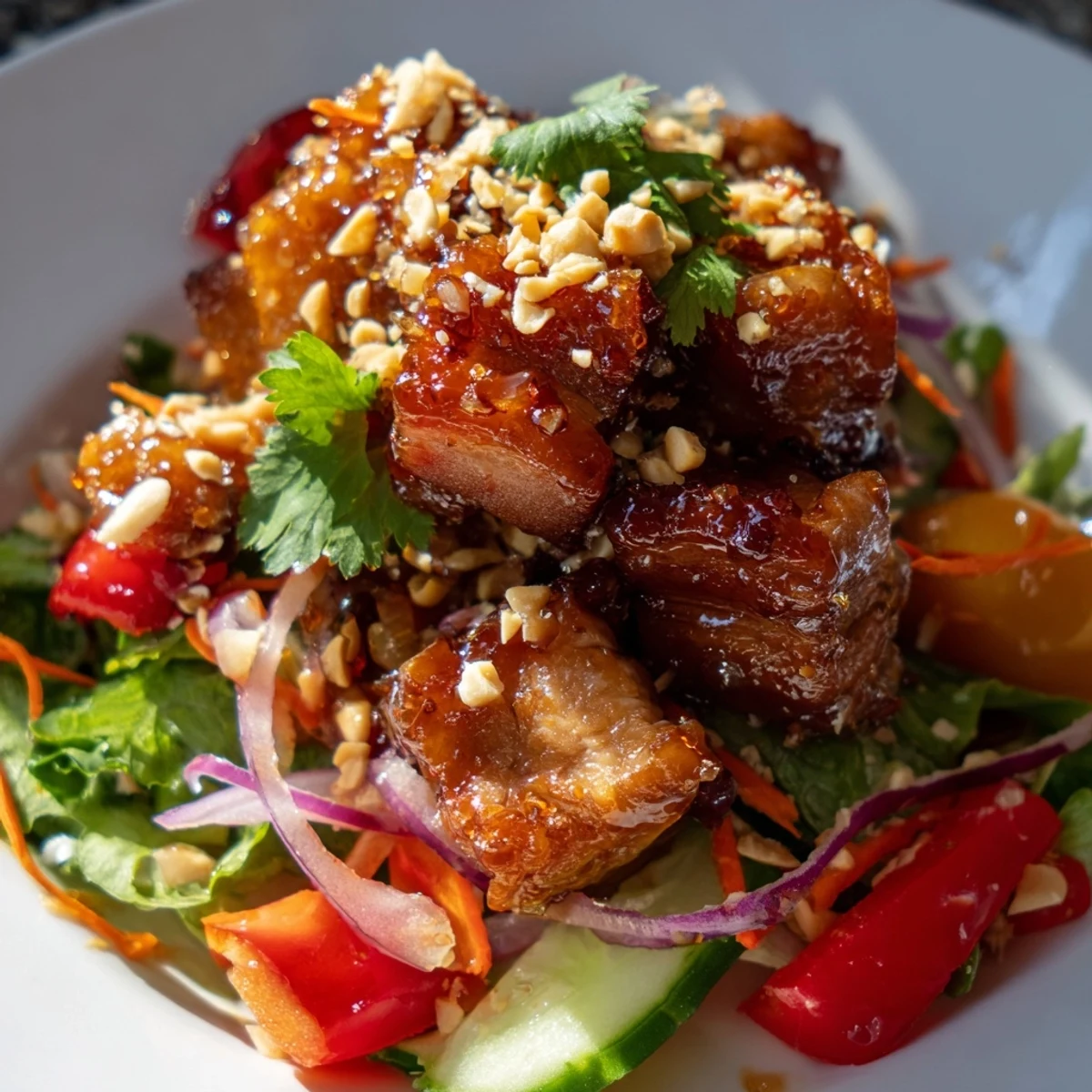 Vibrant pork belly salad topped with crispy glazed meat slices, crisp vegetables, cilantro, and sesame seed garnish