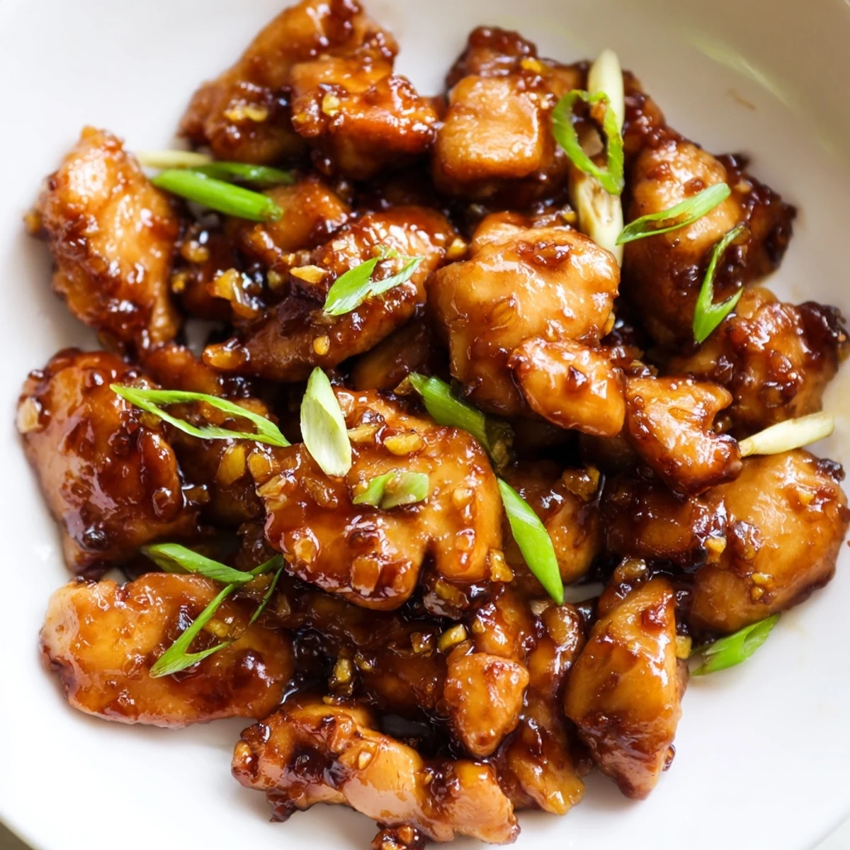 Golden brown Mongolian chicken pieces glazed in thick sweet savory sauce with fresh green onion garnish