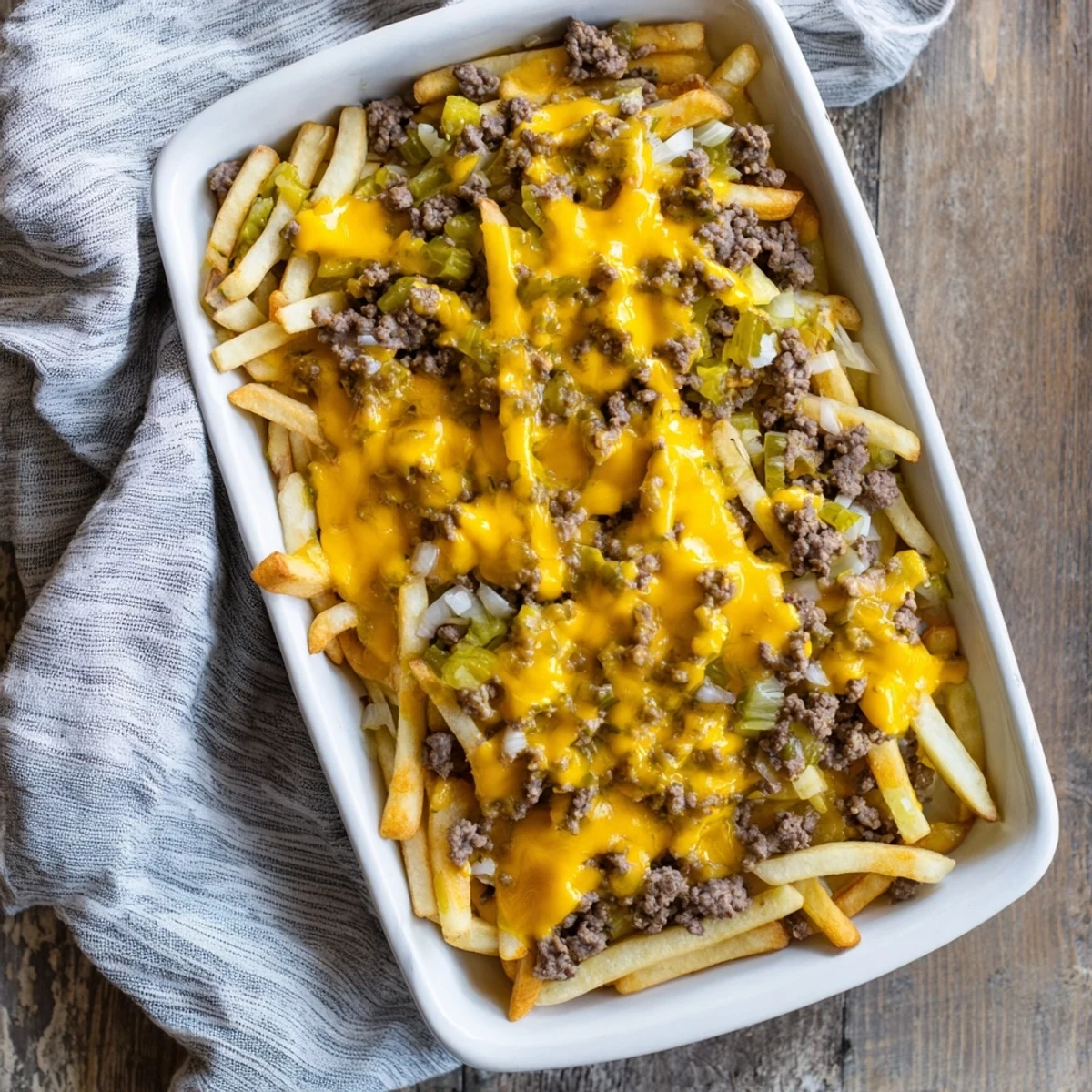 Golden cheeseburger French fry casserole bubbling with melted cheddar over crispy seasoned fries
