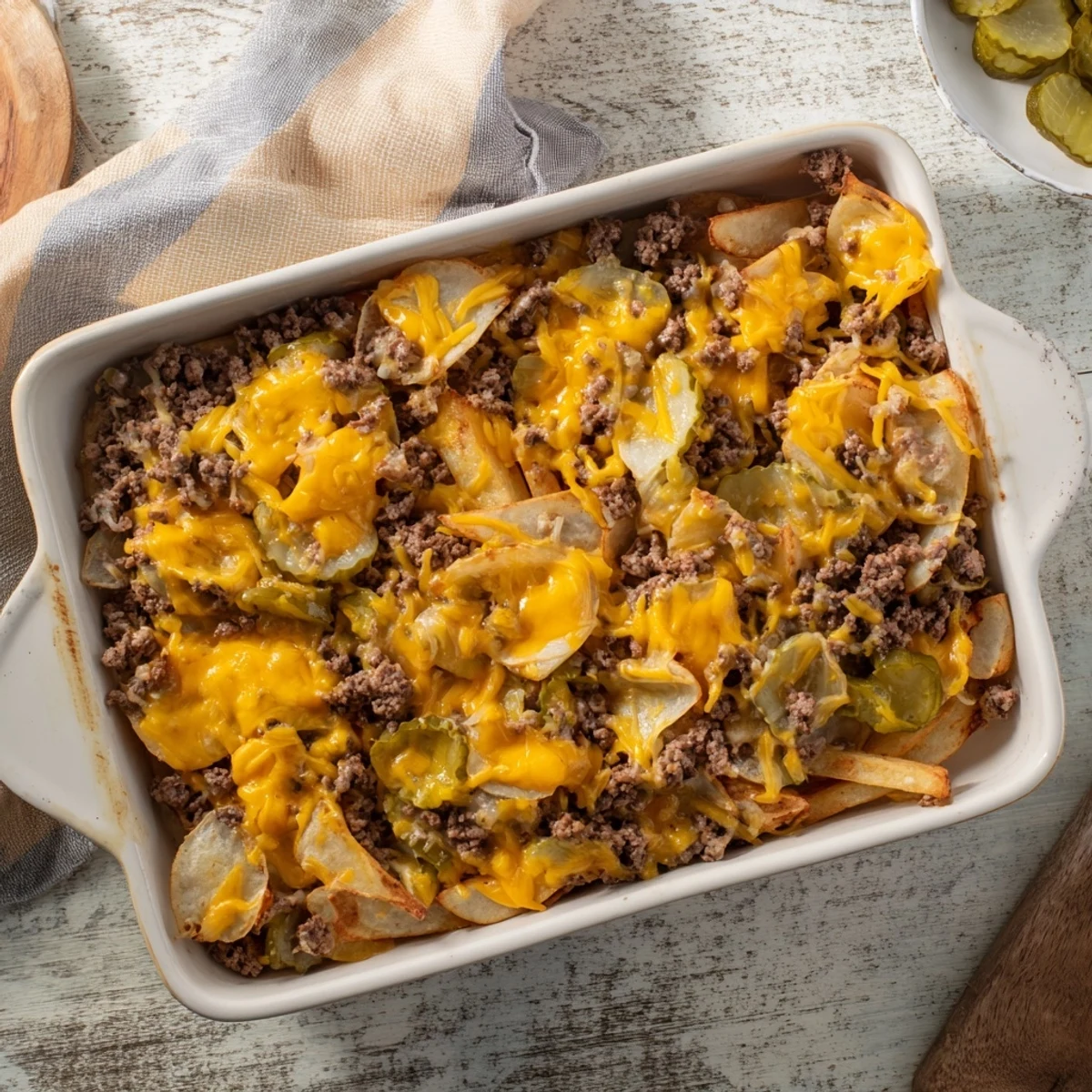 Hearty cheeseburger French fry casserole fresh from the oven with beef and cheese layers