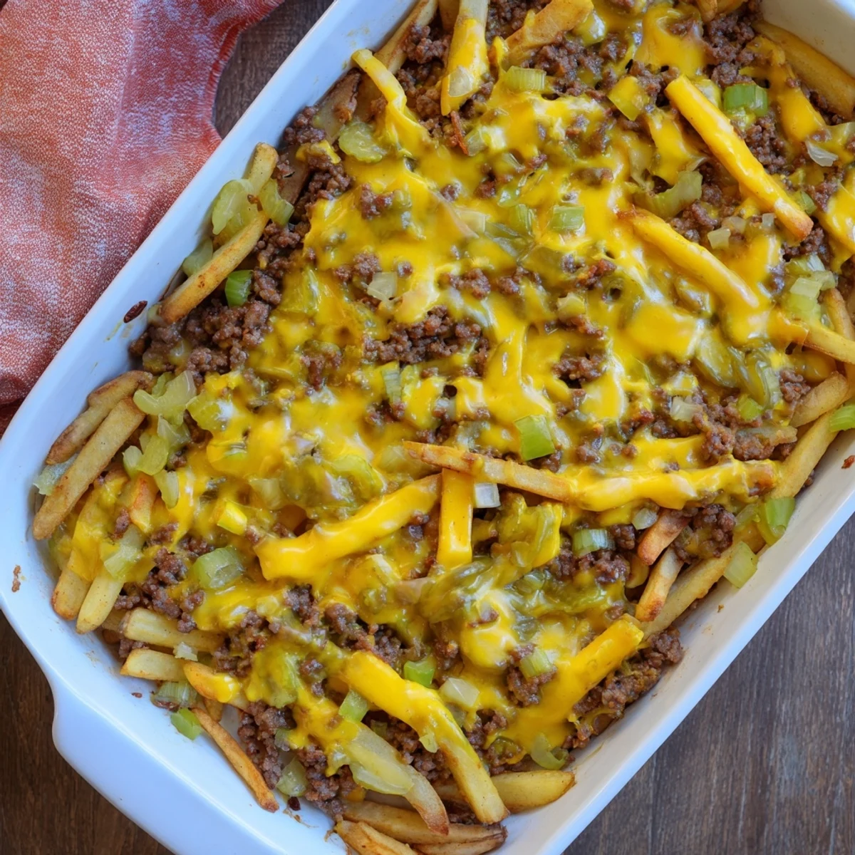 Crispy topped cheeseburger French fry casserole served in a baking dish with melted cheese