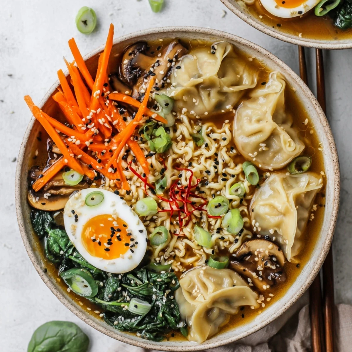 Steaming bowl of dumpling ramen featuring plump pork dumplings, fresh spinach, and soft-boiled egg in savory broth