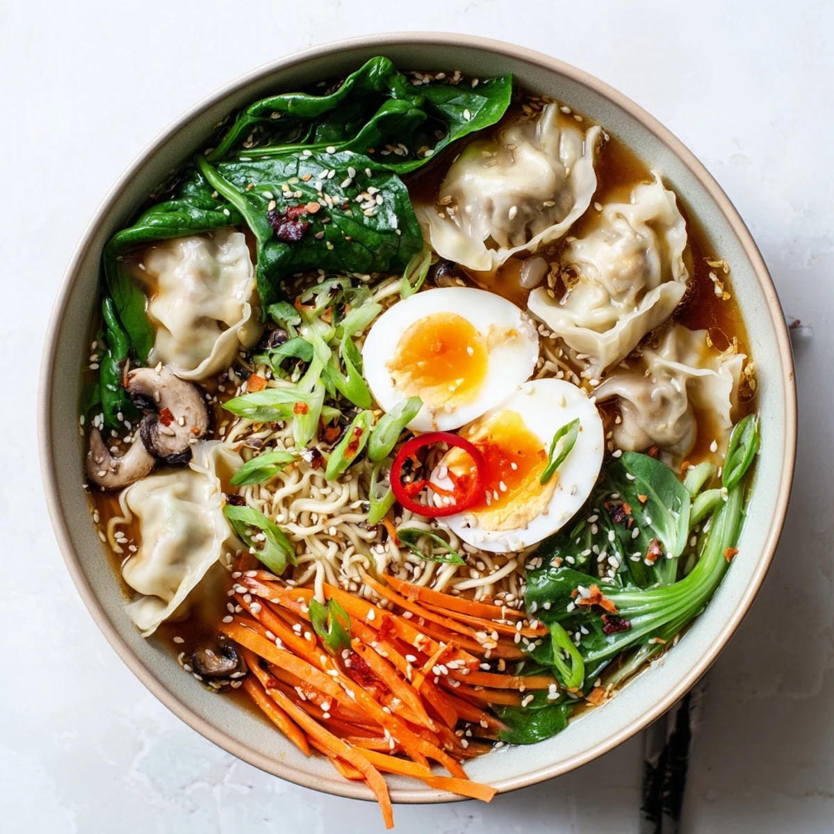 Hearty dumpling ramen bowl with tender noodles, sliced mushrooms, carrots, and green onions in aromatic miso broth