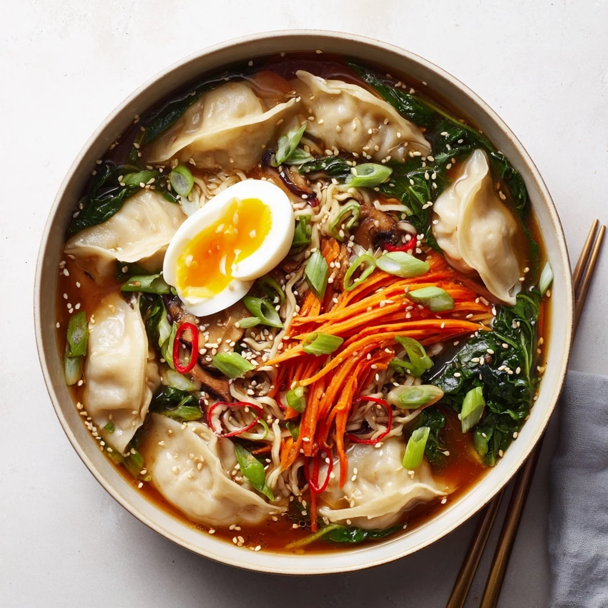 Comforting Asian-style dumpling ramen soup with floating dumplings, colorful vegetables, and sesame seed garnish in rich broth