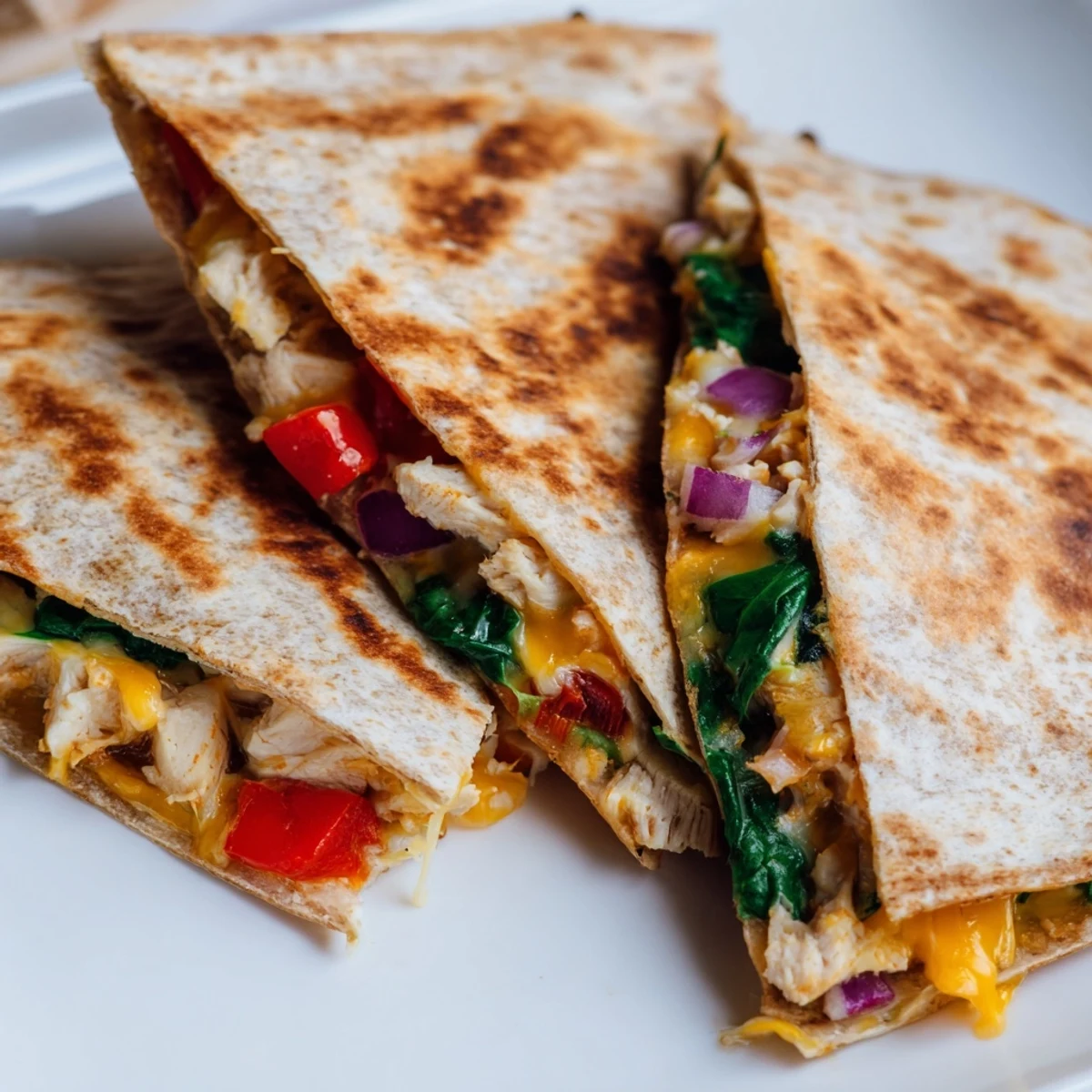 Mouthwatering high protein chicken ranch quesadilla filled with melted cheddar and colorful vegetables