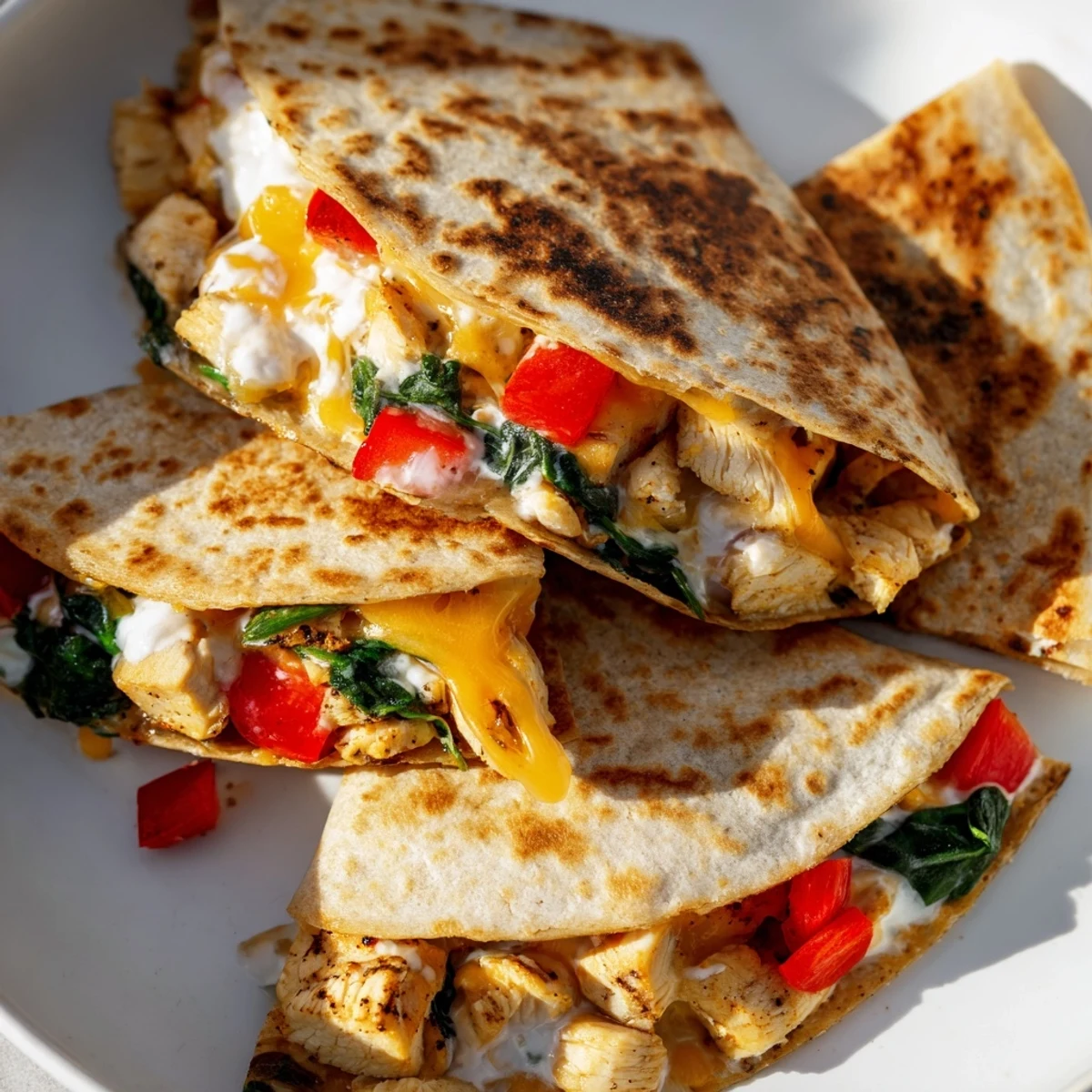 Crispy high protein chicken ranch quesadilla oozing with cheese and seasoned grilled chicken