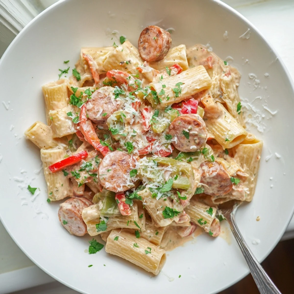 Creamy spicy Cajun sausage pasta with tender penne coated in rich Parmesan sauce
