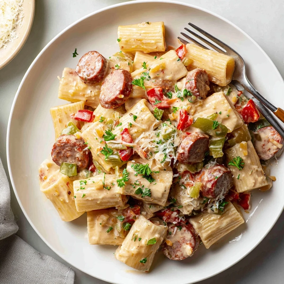 One pot Cajun sausage pasta featuring colorful bell peppers and smoky sliced sausage