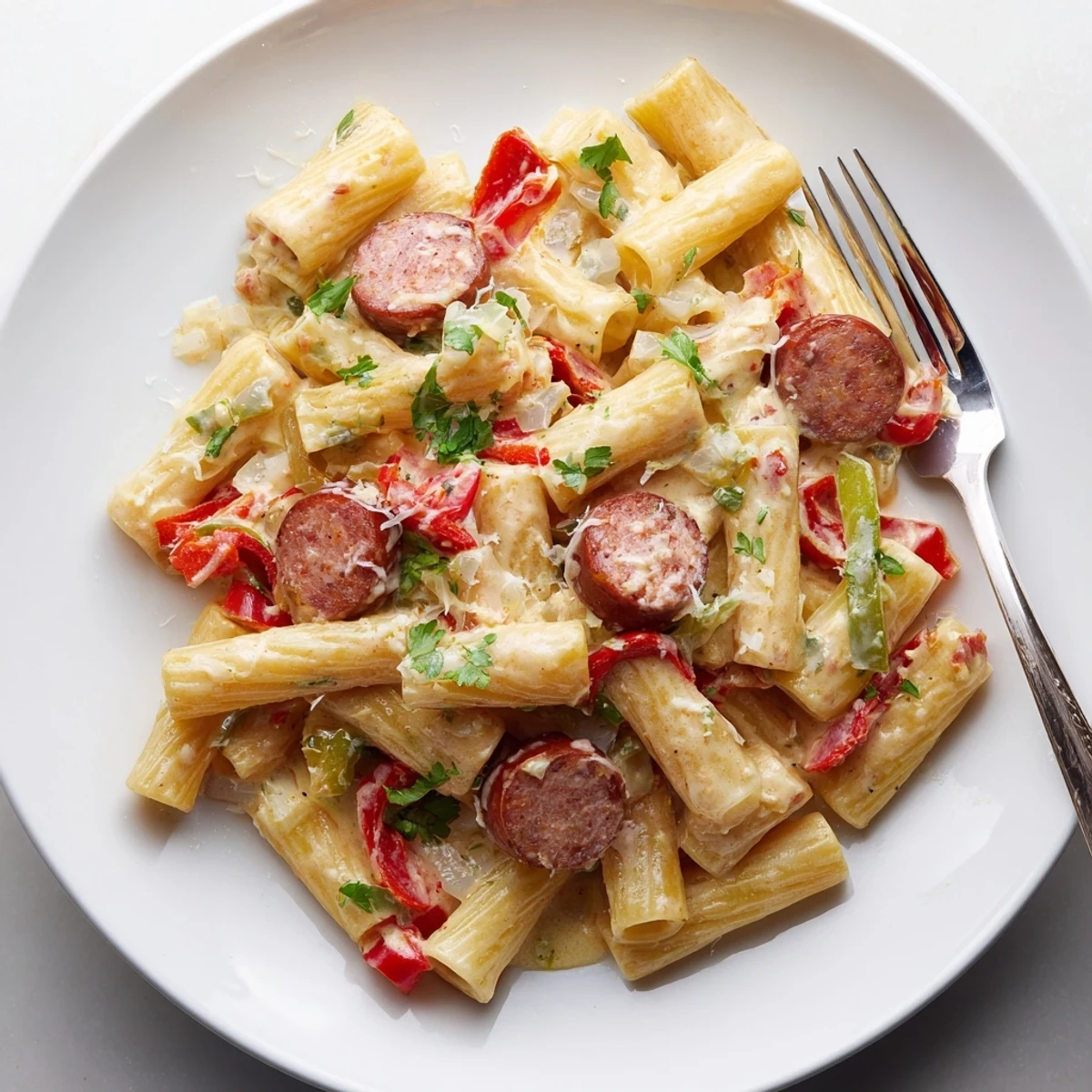 Spicy Cajun sausage pasta dish garnished with fresh parsley in a serving bowl