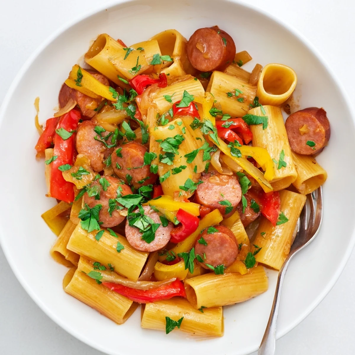 Golden brown sausage pieces and penne coated in a glossy honey garlic sauce in a cast iron skillet