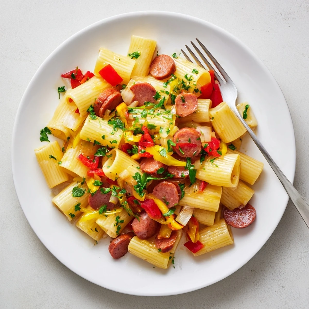 Weeknight dinner of tender penne and sliced sausage simmered in a rich honey garlic sauce with diced vegetables