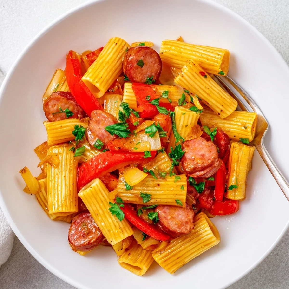 Savory smoked sausage pasta skillet tossed with red bell peppers and fresh parsley in a sticky honey garlic glaze