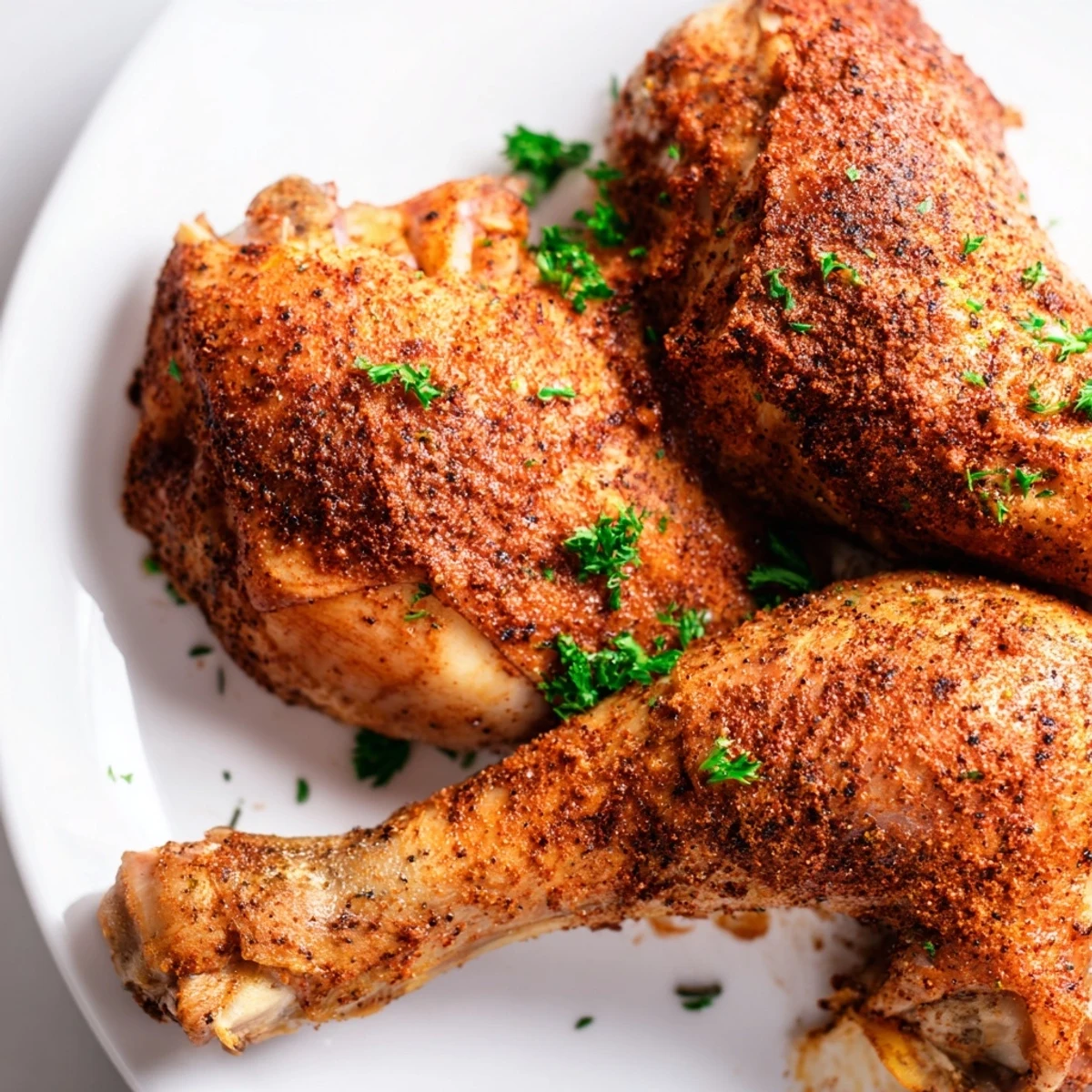 Golden roasted paprika chicken legs with crisp, spiced skin on a baking sheet