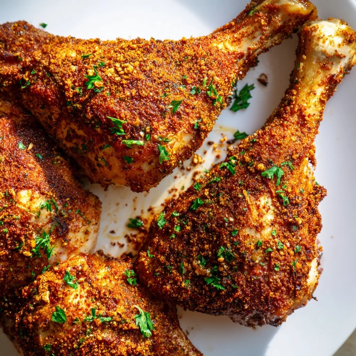 Tender juicy paprika chicken legs garnished with fresh parsley and lemon wedges