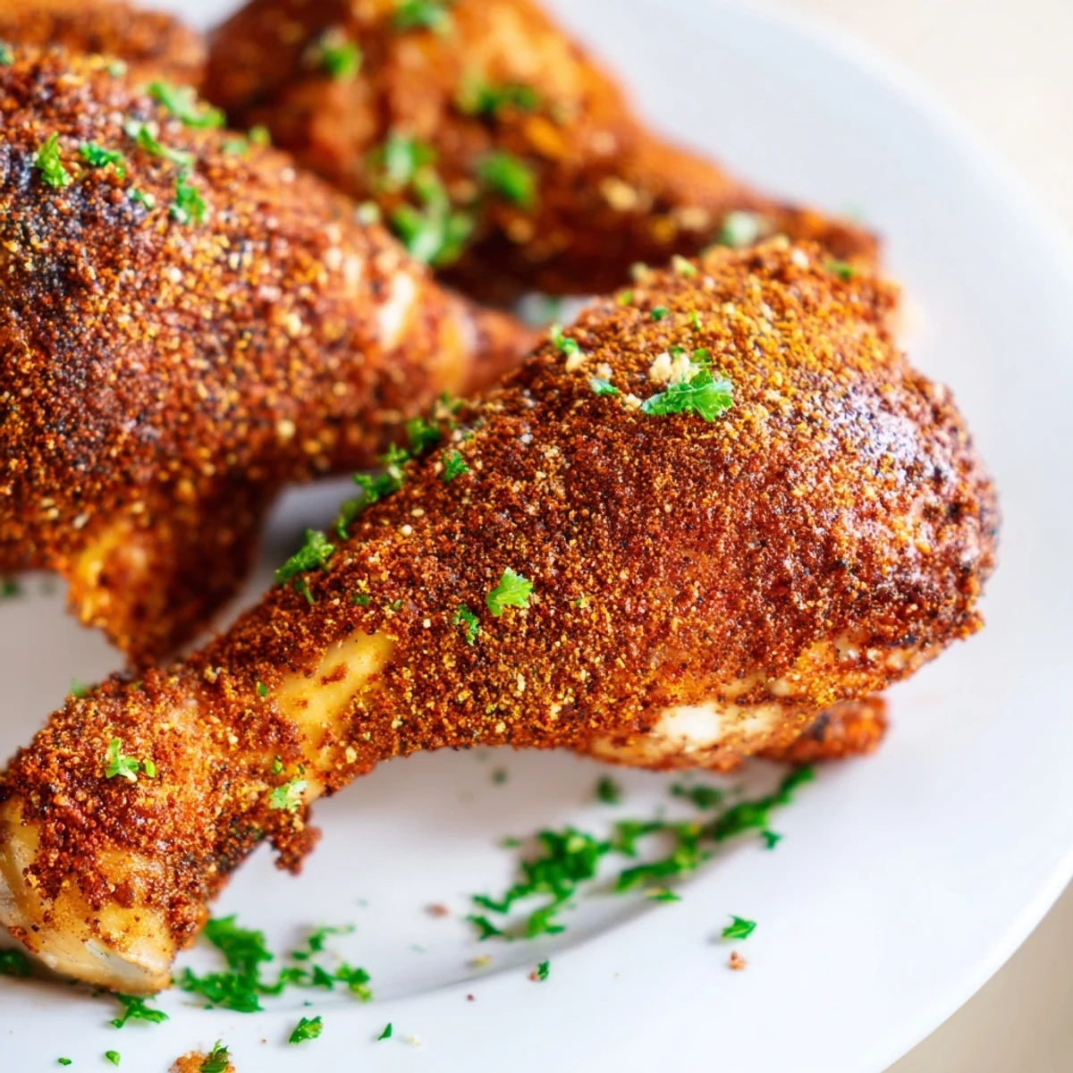 Four oven-baked paprika chicken legs arranged on parchment with reddish seasoning coating