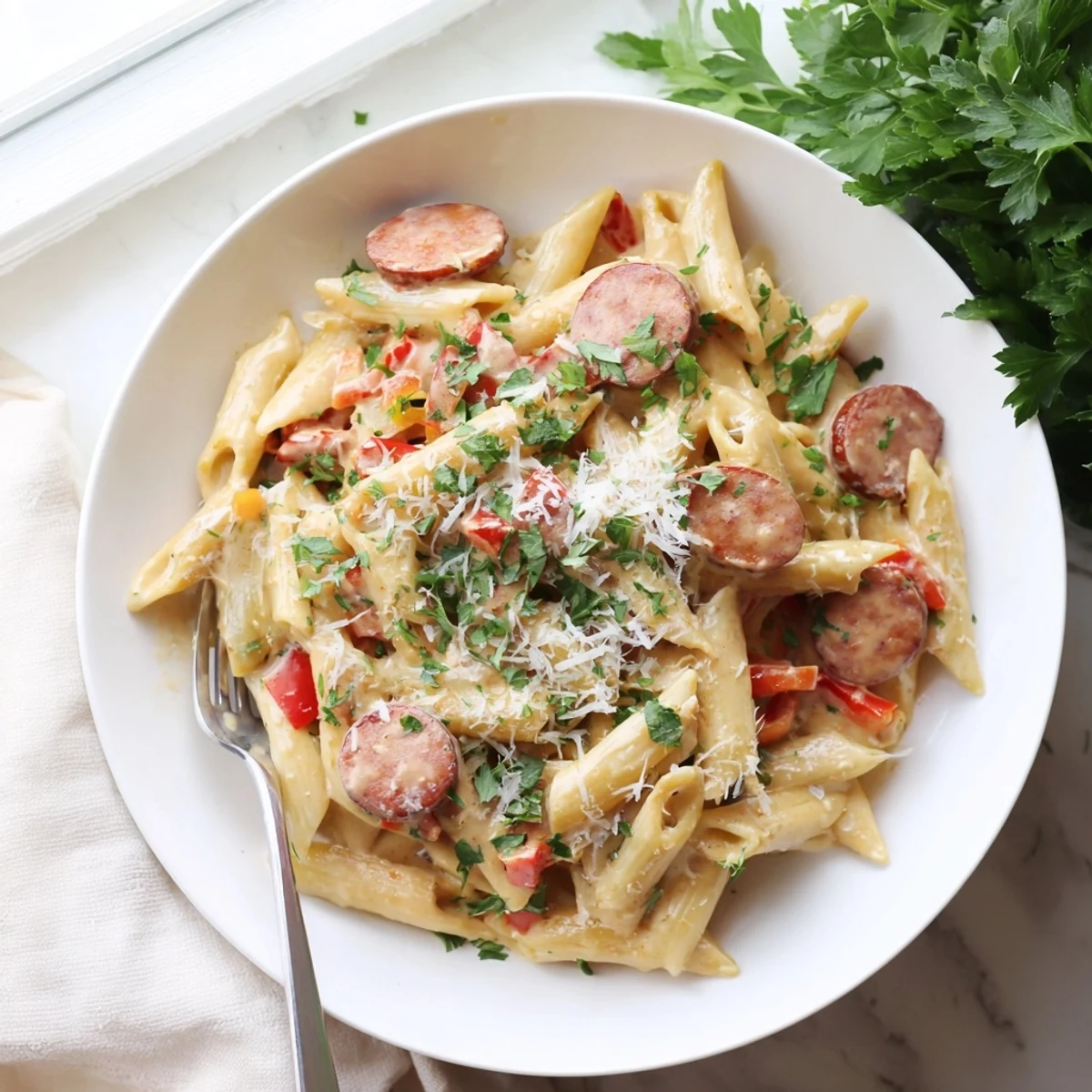 One pot creamy Cajun sausage pasta with smoky slices in a rich spicy sauce served family-style