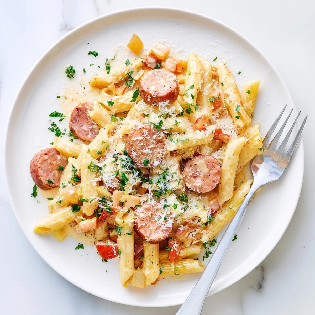 Creamy Cajun sausage pasta dish showcasing tender penne coated in a spiced white sauce with savory andouille