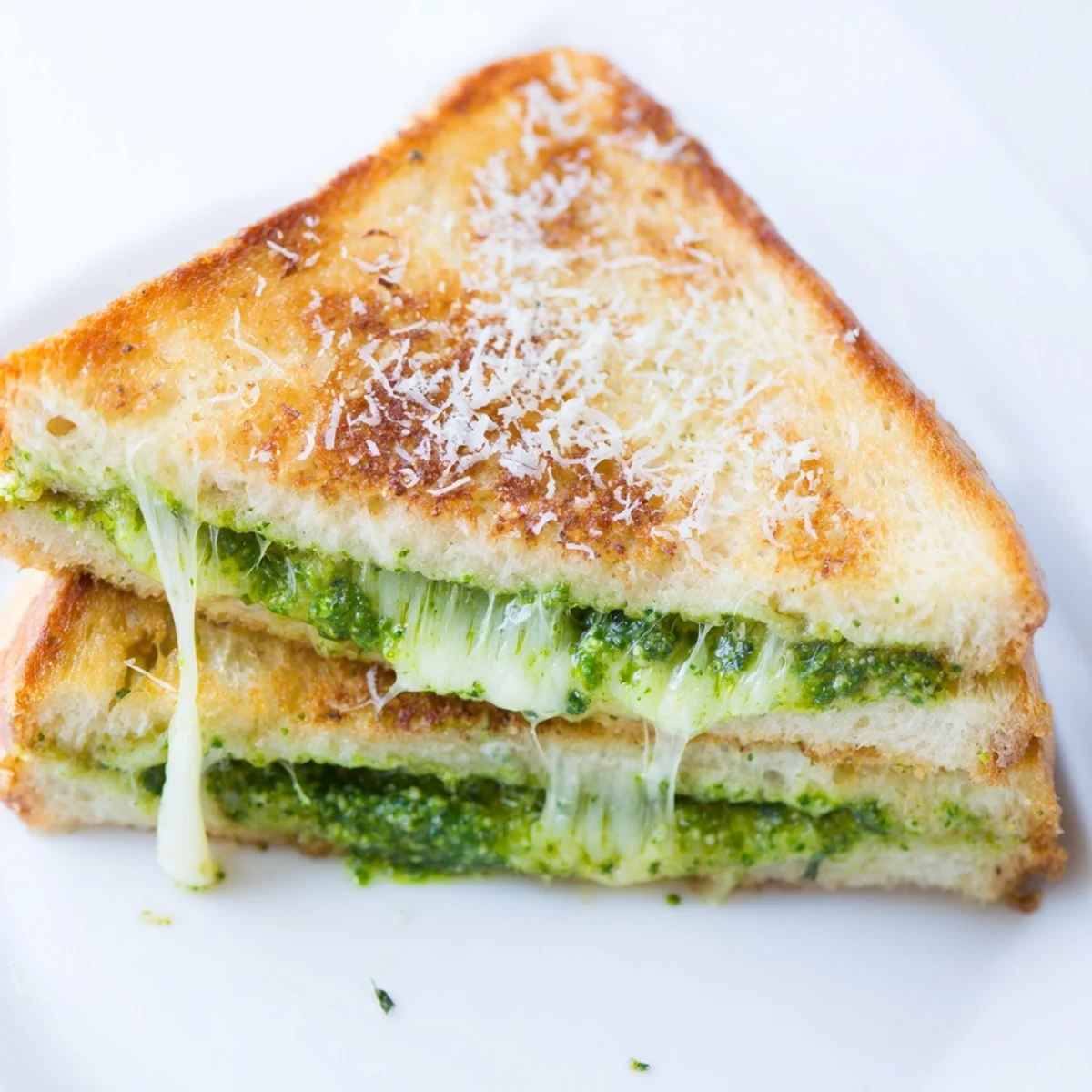 Crispy pesto grilled cheese oozing melted cheese, served on a wooden cutting board