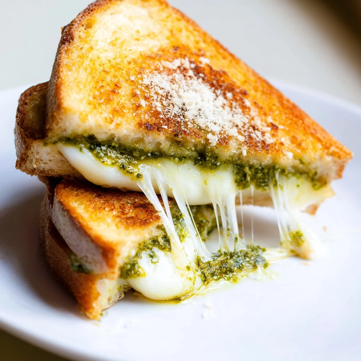 Golden brown pesto grilled cheese sandwich with melted mozzarella cheese on sourdough bread