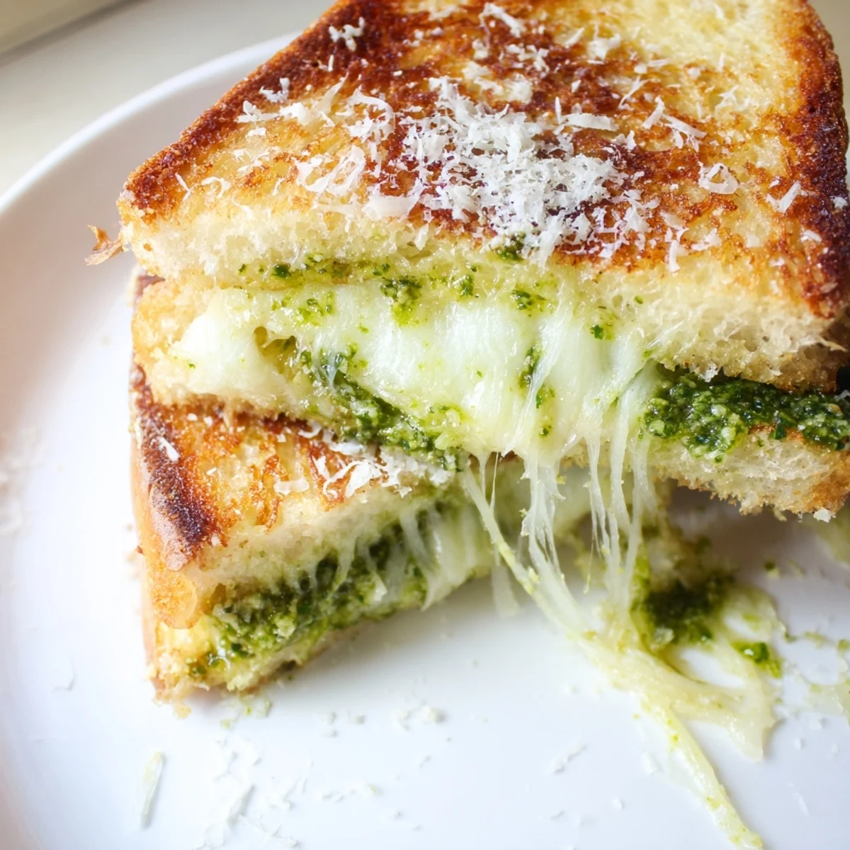 Gourmet pesto grilled cheese featuring gooey cheese and fresh basil, sliced diagonally