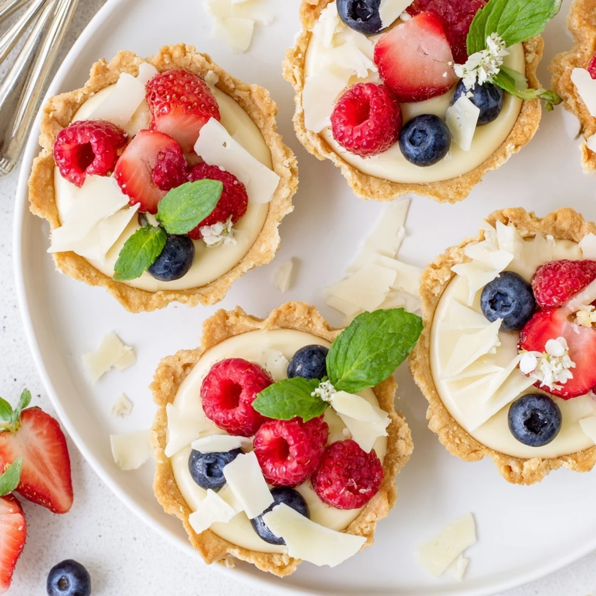 Delicate white chocolate mousse tartlets topped with fresh raspberries and blueberries on a white plate