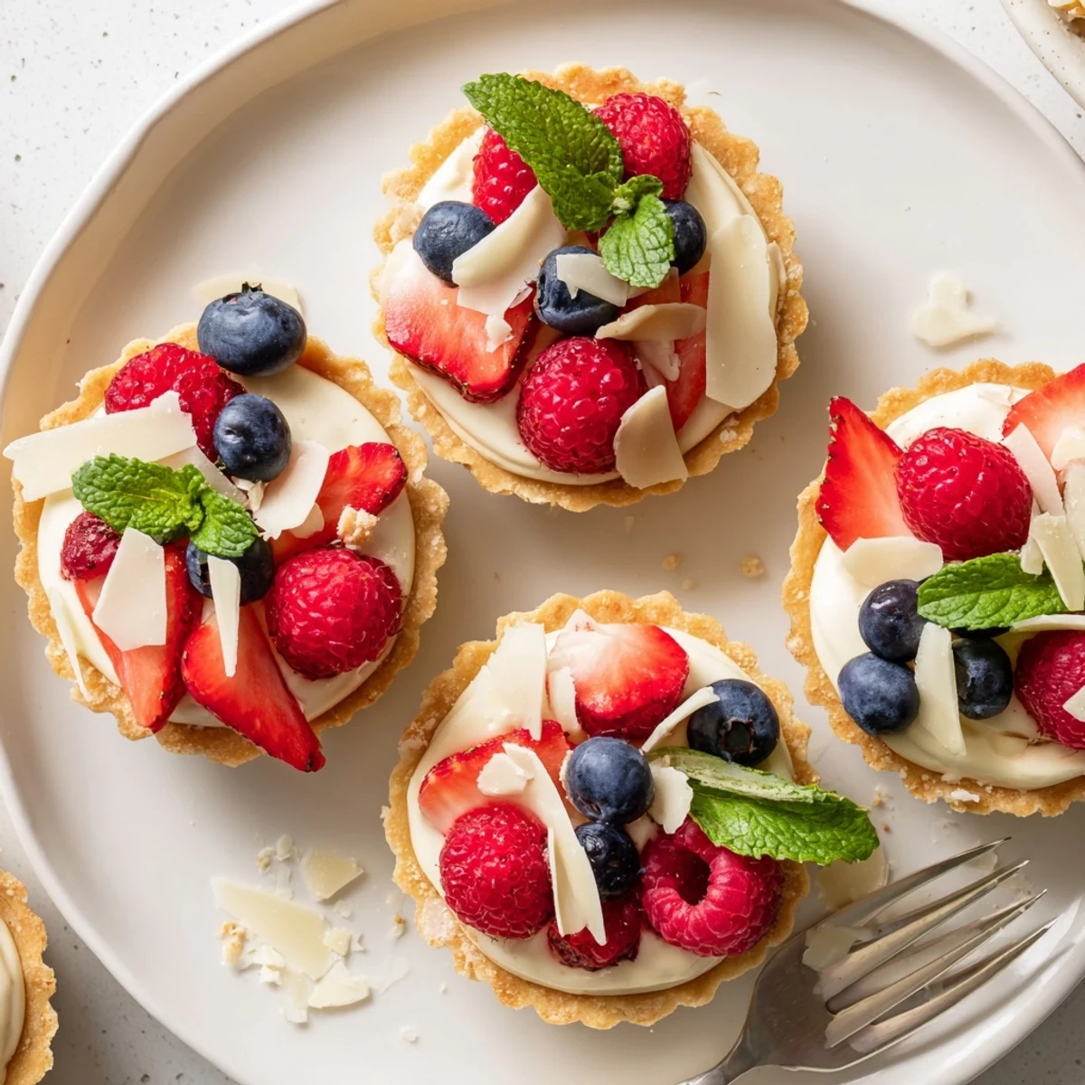 Silky French white chocolate mousse filled in golden pastry shells garnished with vibrant mixed berries