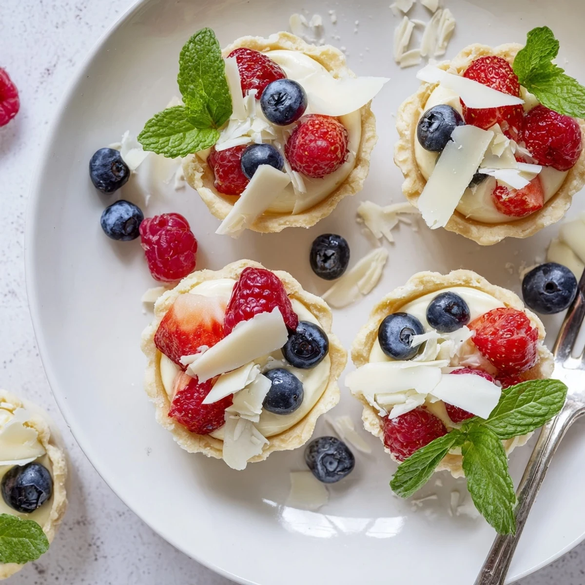 Elegant dessert featuring smooth white chocolate mousse in crisp tartlets decorated with seasonal fresh berries and mint