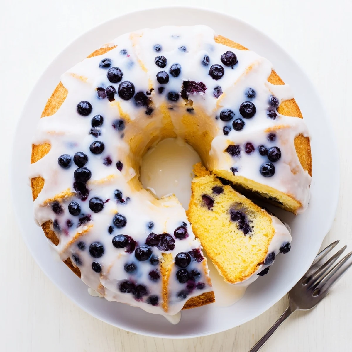 Slice of lemon blueberry cake on a white plate with tea nearby
