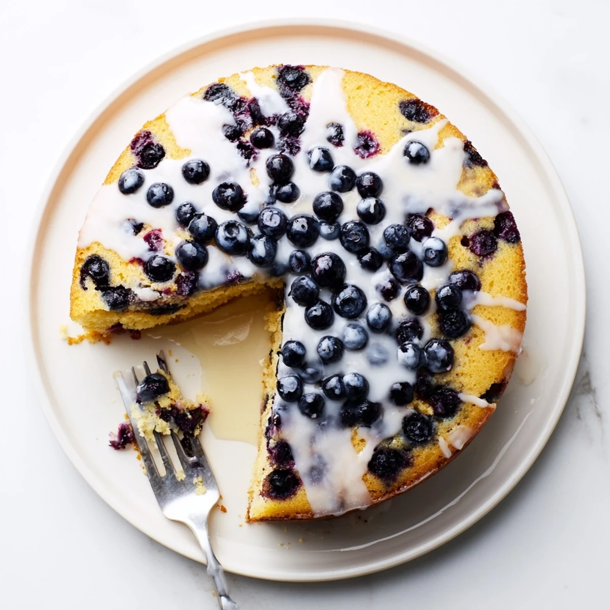 Moist lemon blueberry cake drizzled with tangy glaze and scattered fresh blueberries