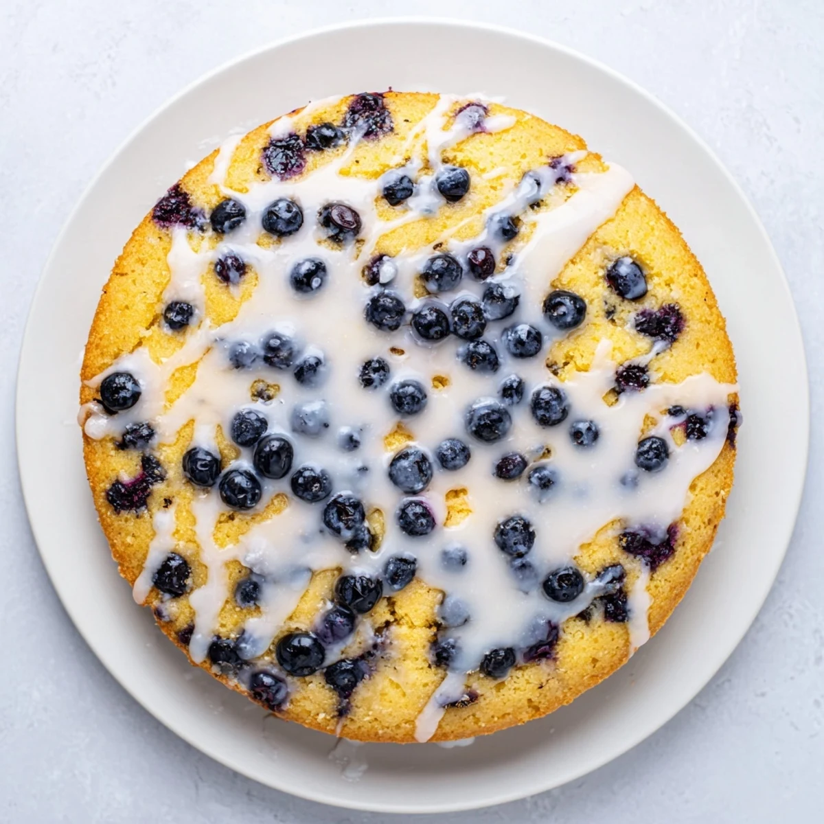 Golden lemon blueberry cake topped with sweet glaze and plump purple berries