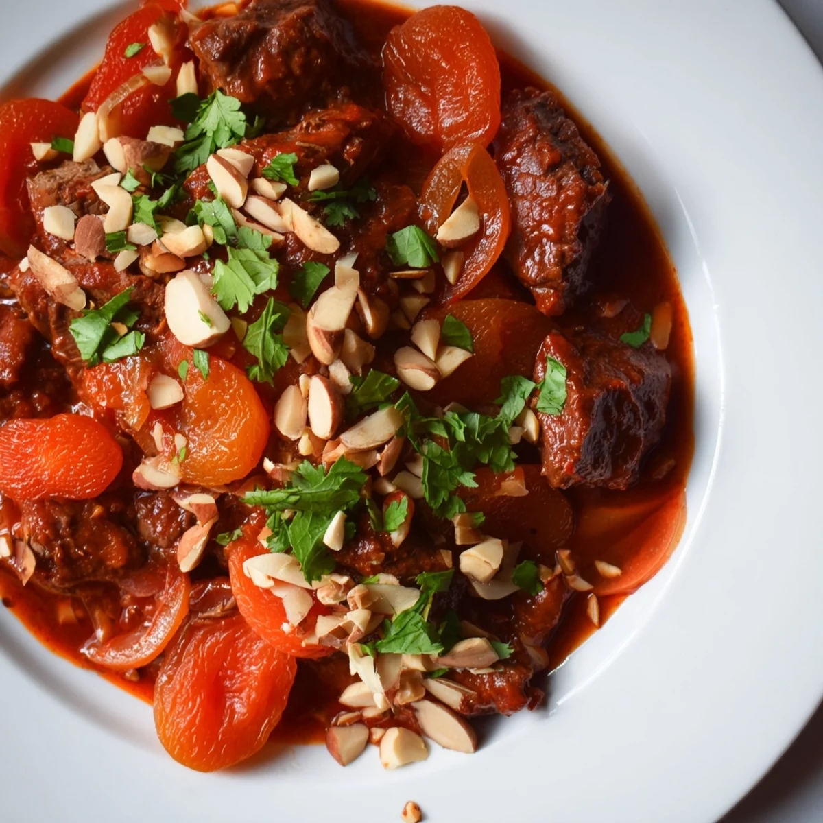 Golden Moroccan beef stew with apricots featuring tender beef chunks in a rich spiced sauce garnished with fresh herbs and toasted almonds