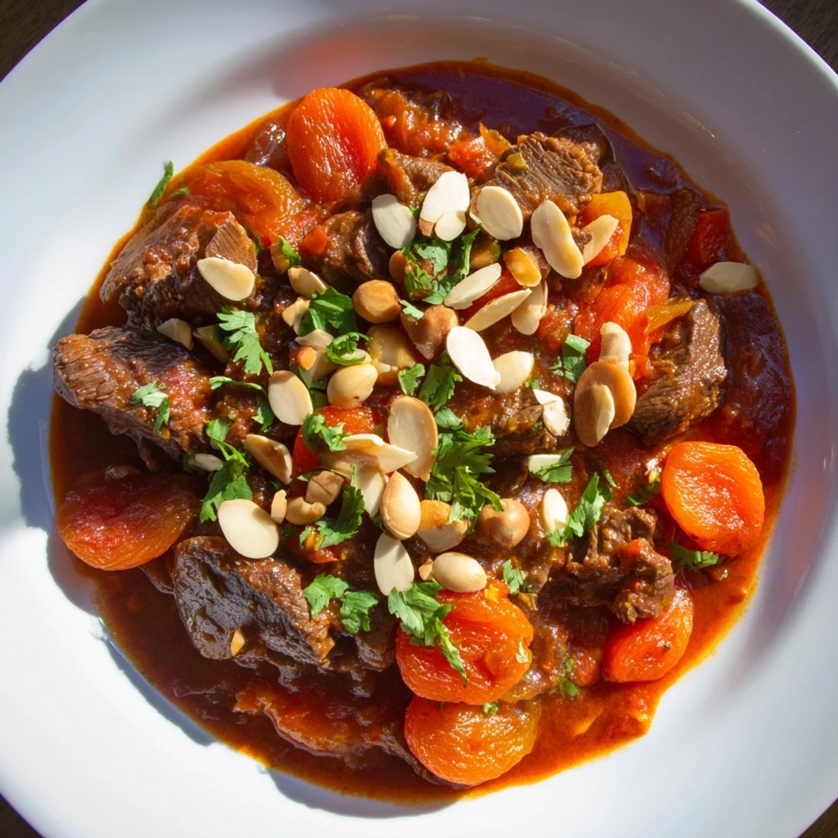Hearty Moroccan beef stew with apricots simmered in a fragrant cinnamon-spiced broth with sweet dried fruits and tender vegetables