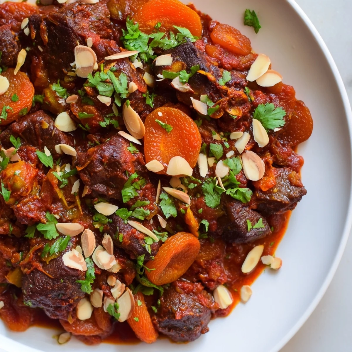 Savory Moroccan beef stew with apricots served in a rustic bowl topped with vibrant cilantro and crunchy slivered almonds