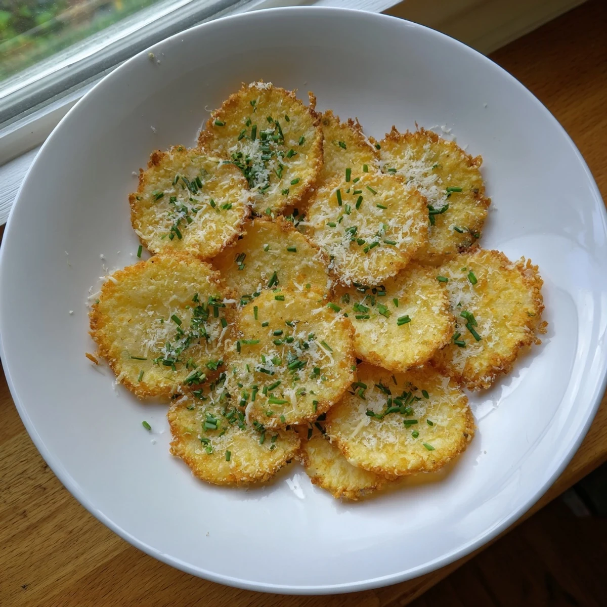 Golden brown cottage cheese chips arranged on a wooden board with sprinkled chives