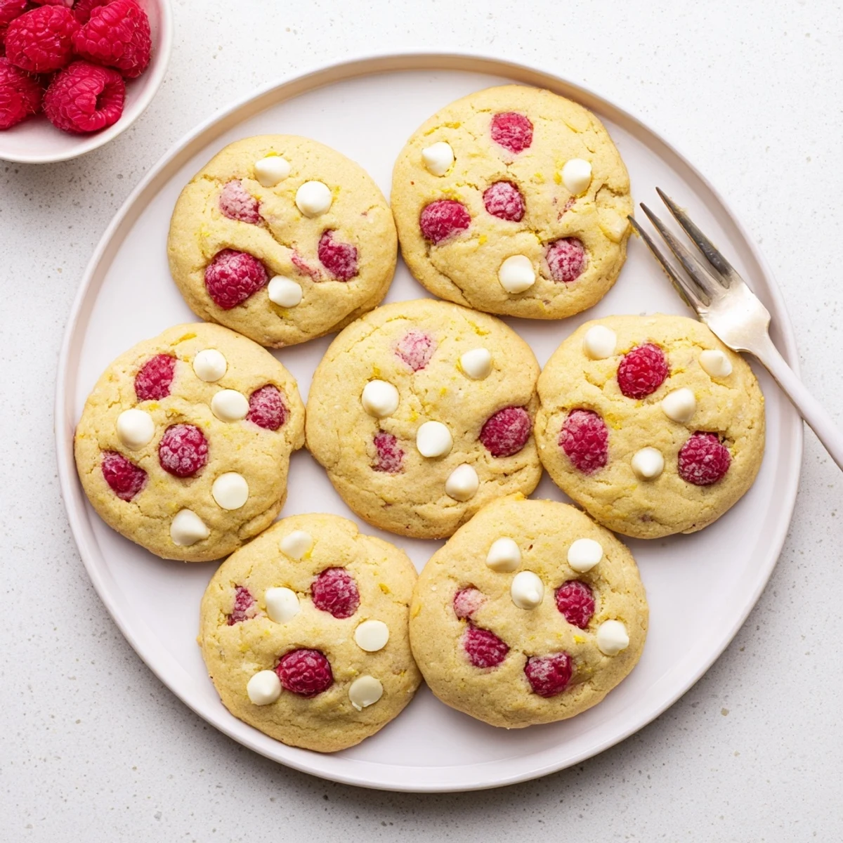 Golden-baked lemon raspberry cookies with visible raspberry pieces and white chocolate chips on a wire cooling rack
