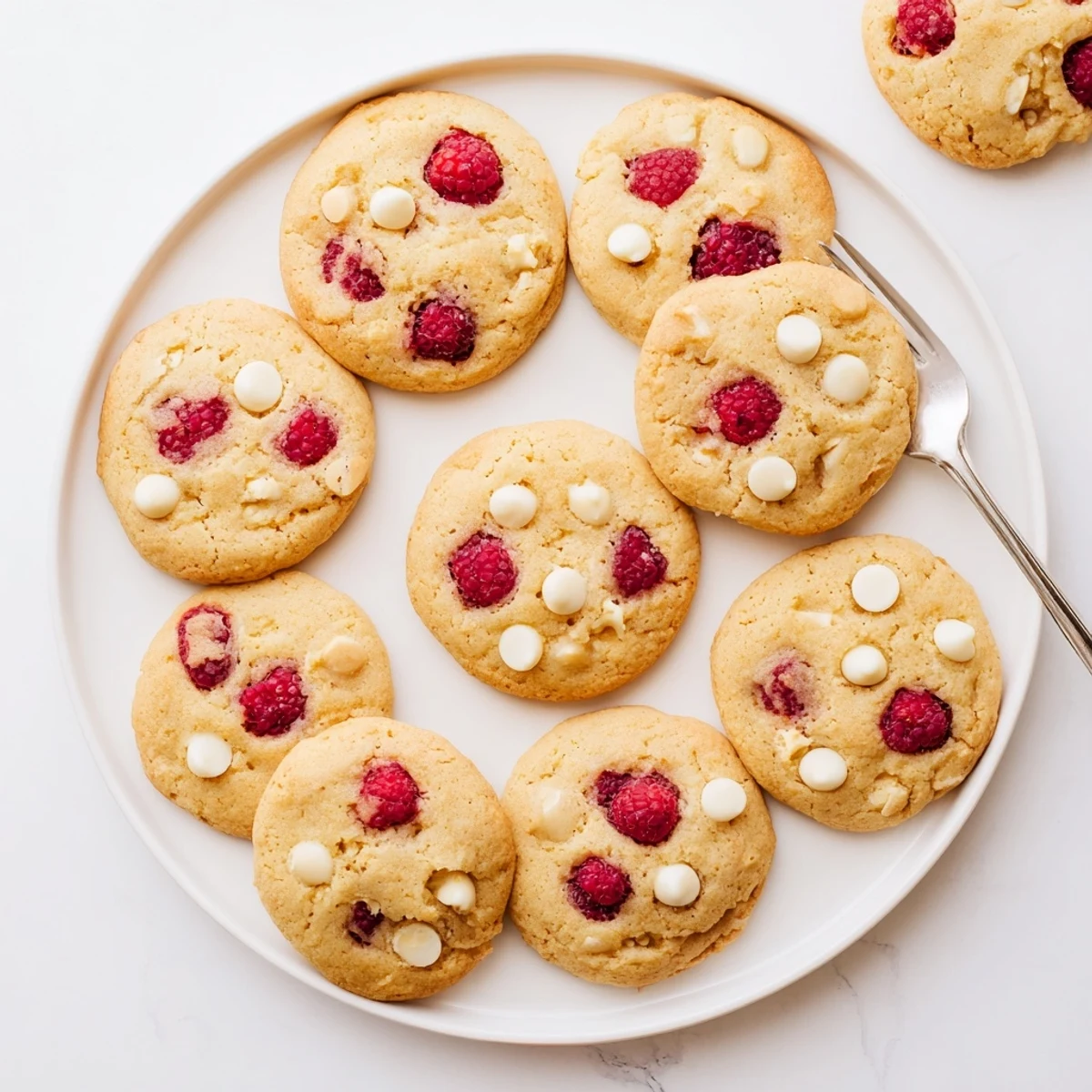 Soft-baked lemon raspberry cookies featuring bright red berries and citrus zest on a white plate