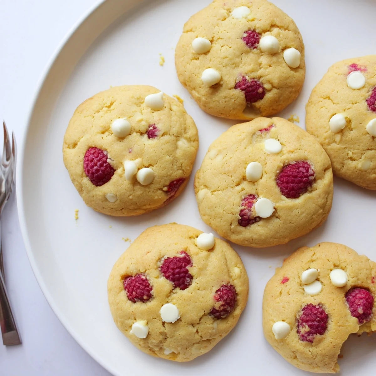 Freshly baked lemon raspberry cookies showing golden edges with juicy berry pockets andoptional white chocolate