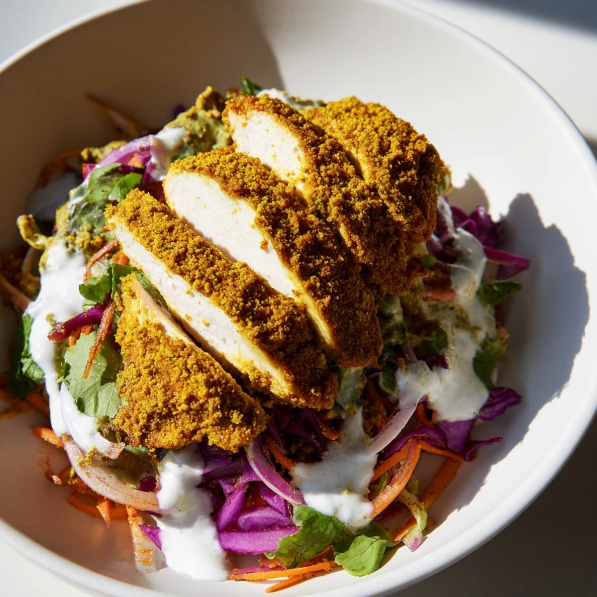 Vibrant fusion bowl featuring spiced grilled chicken paired with crunchy zesty coleslaw and creamy mint yogurt topping