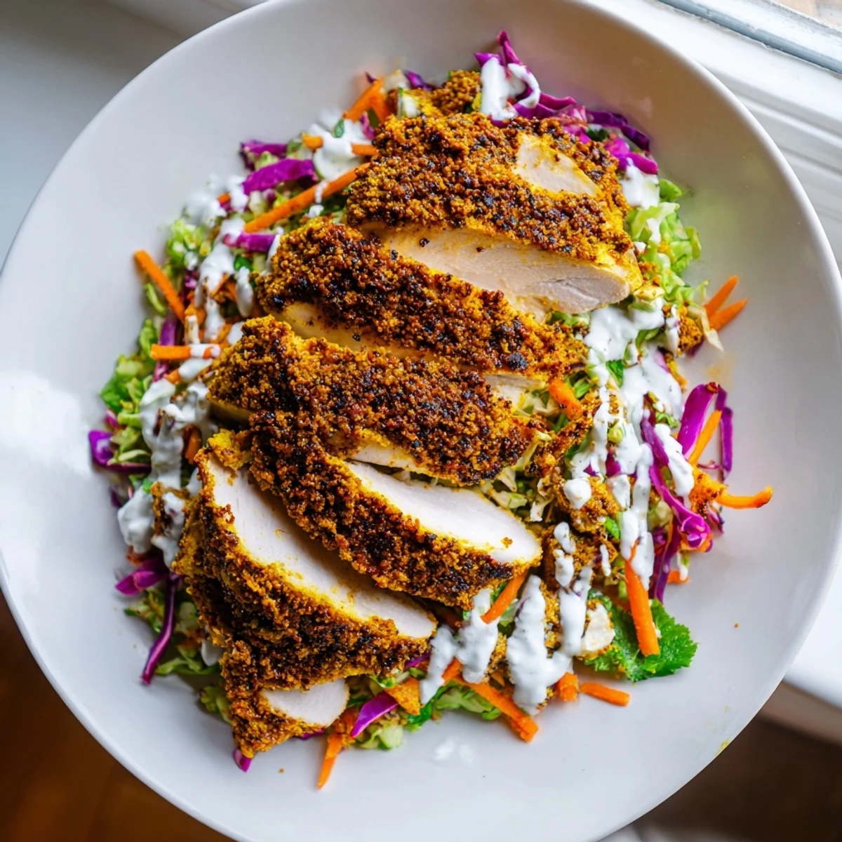 Golden curried chicken slices rest atop a colorful purple and green lime coleslaw bed drizzled with cool mint yogurt sauce