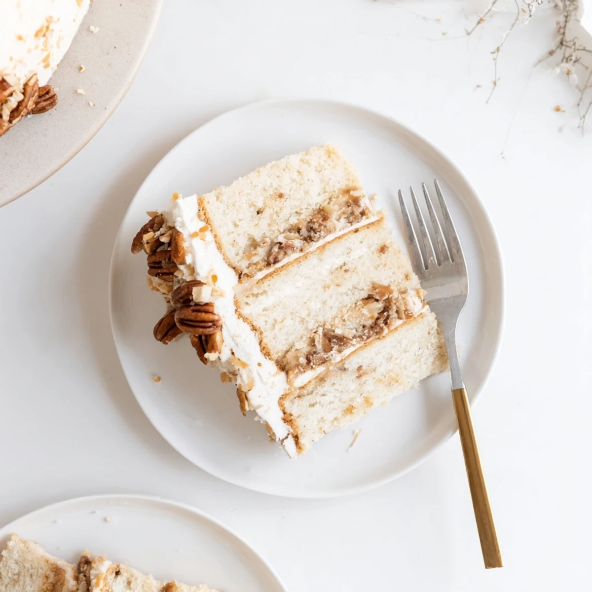White German chocolate cake dessert plate showing pillowy layers topped with toasted coconut and crunchy pecans