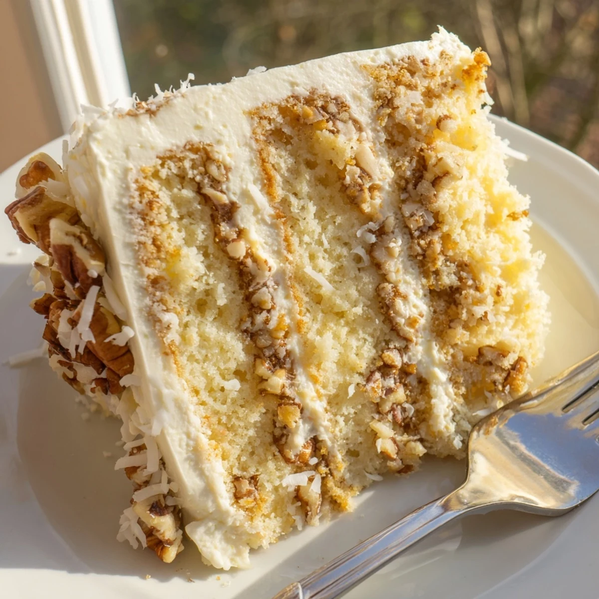 Three-tier white German chocolate cake stacked with rich coconut pecan frosting and drizzled white chocolate
