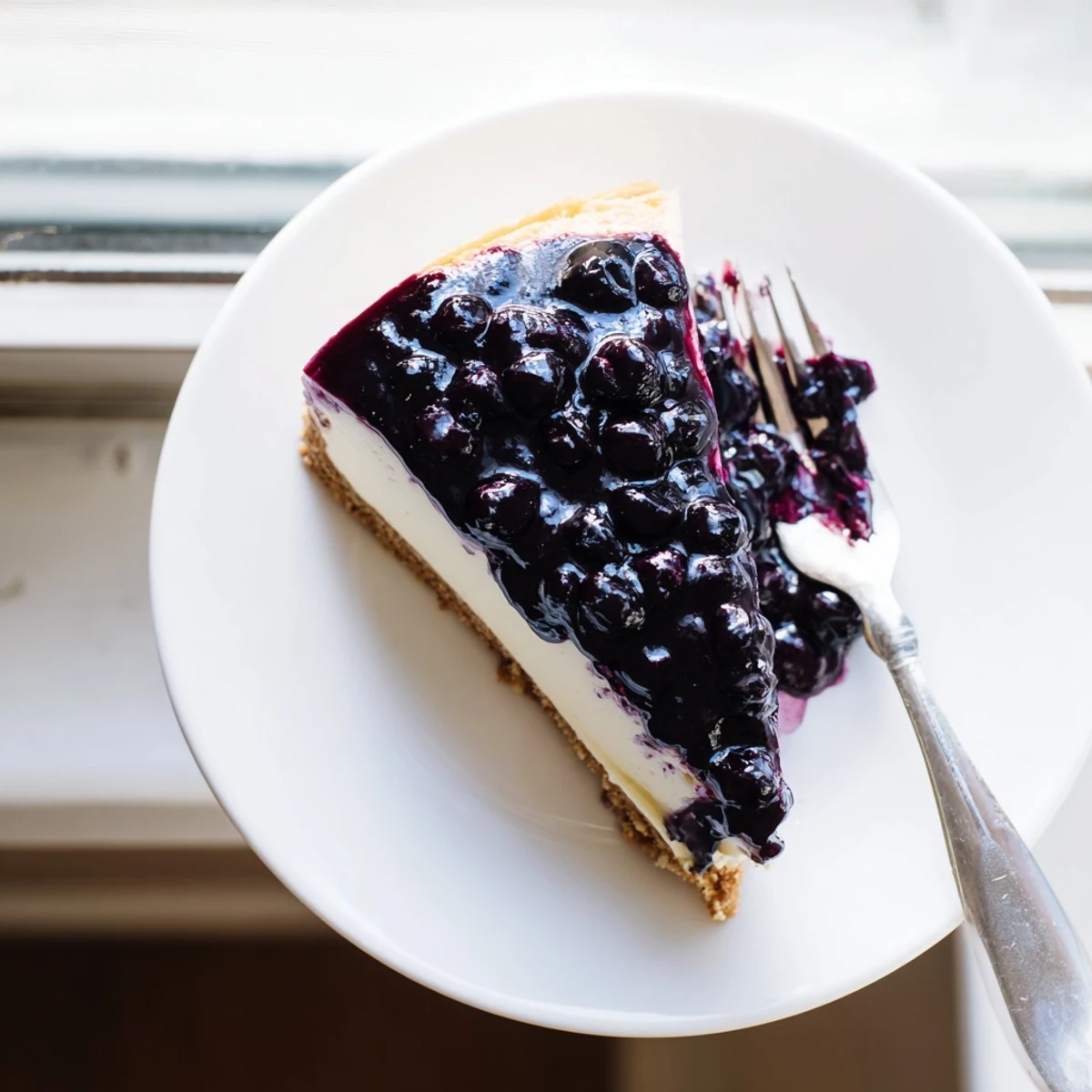Rich blueberry cheesecake with graham cracker crust and thick berry topping close up