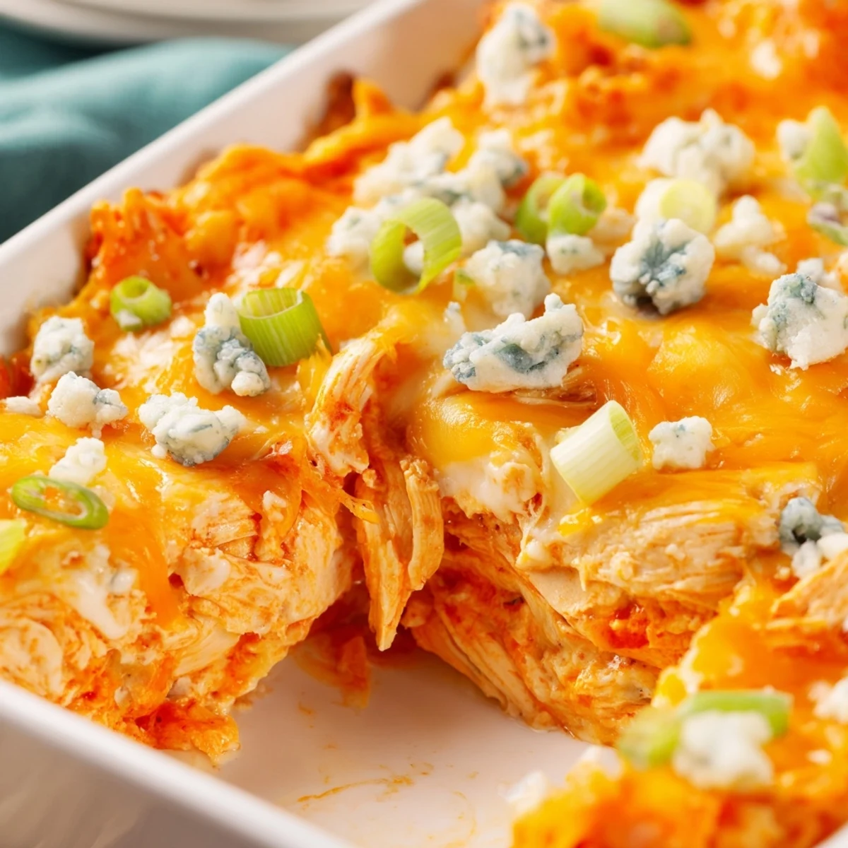 Creamy buffalo chicken cheese bake topped with green onions and blue cheese crumbles on a rustic serving board