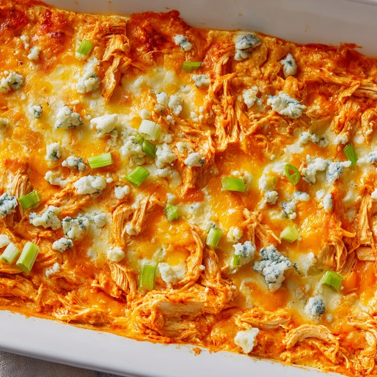 Golden bubbly buffalo chicken cheese bake fresh from the oven with melted cheddar and mozzarella