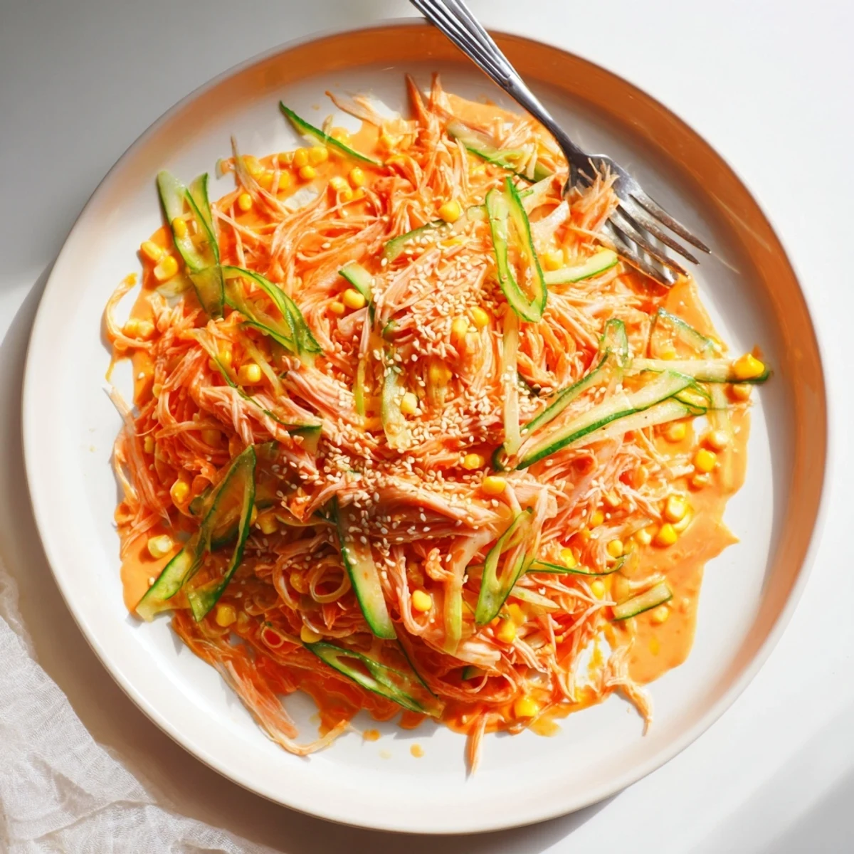 Colorful spicy kani salad bowl featuring shredded imitation crab with crisp cucumber and carrot strips tossed in creamy sriracha mayonnaise dressing