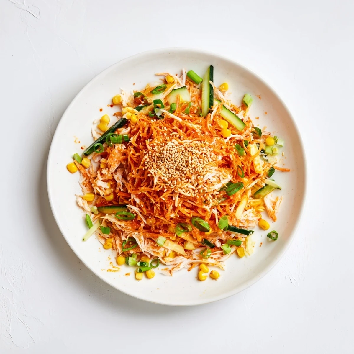 Fresh Japanese spicy kani salad arranged with julienned vegetables topped with toasted sesame seeds and drizzled with spicy mayo sauce