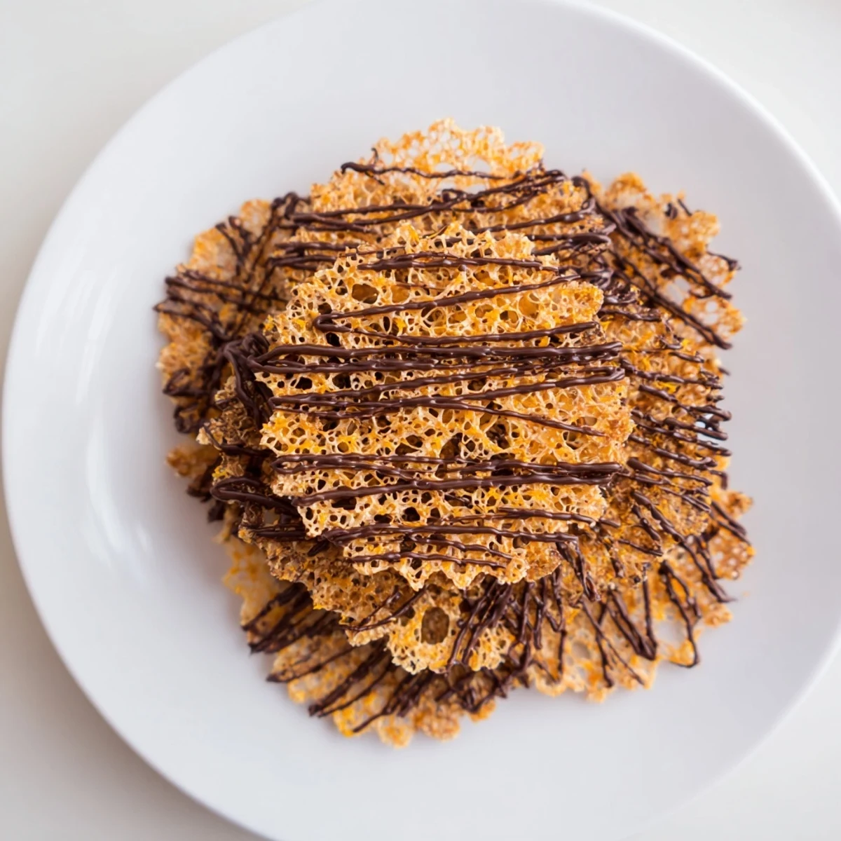 Thin orange zest cookies baked until golden with transparent lace pattern texture