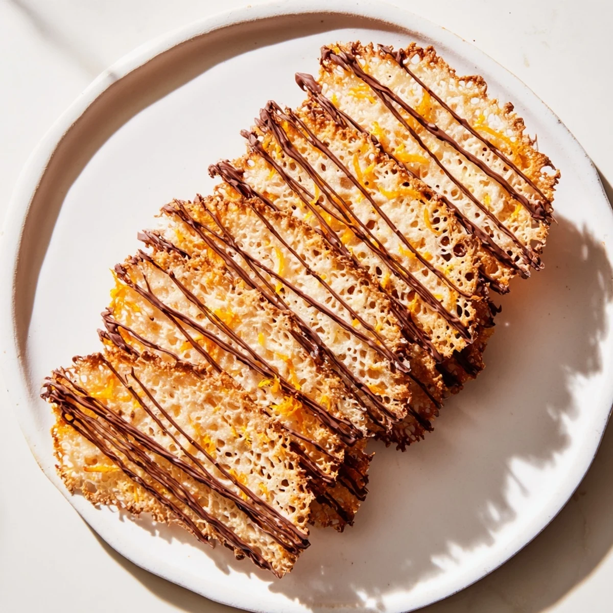 Stack of crispy orange lace cookies drizzled with melted dark chocolate topping